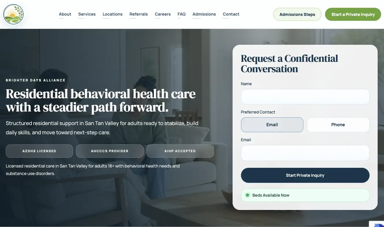 Residential behavioral health website design for Brighter Days Alliance