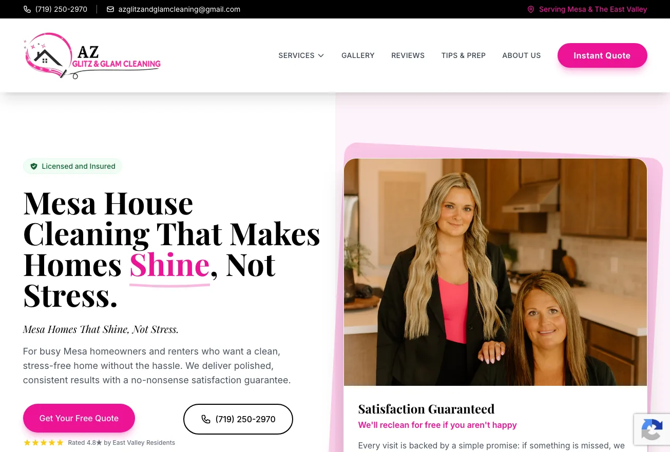 Mesa house cleaning website design for AZ Glitz and Glam Cleaning