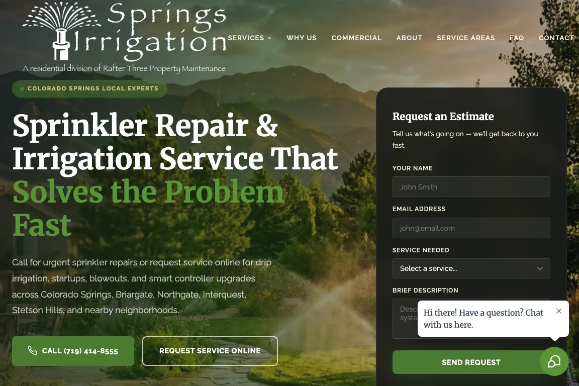 Colorado Springs irrigation service website design for Springs Irrigation